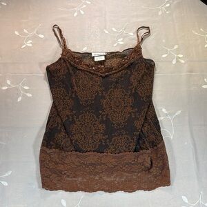 VTG Y2K Brown Baroque Damask Lace Trim Transparent Cami Lingerie Woman Sz L
